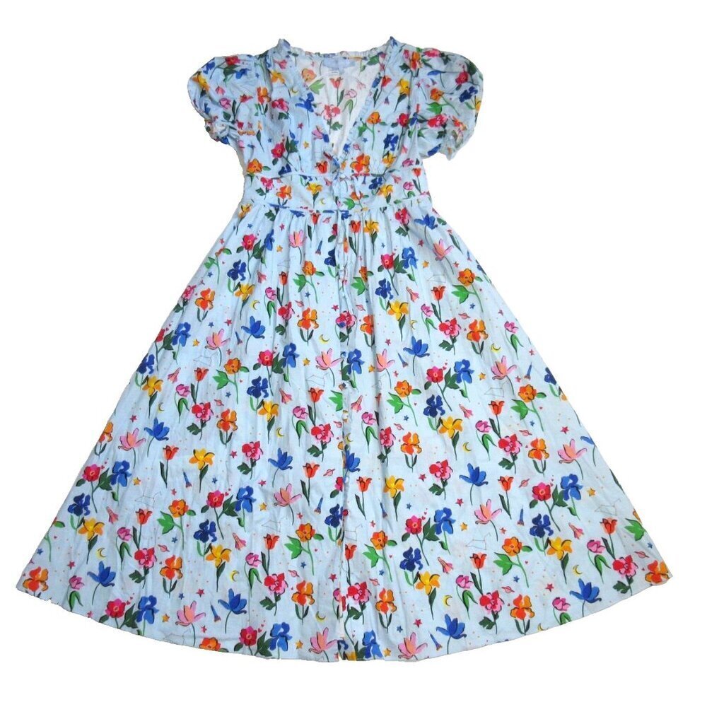 NWT Hill House Sabrina in Light Blue Space Floral V-neck Cotton Midi Dress M